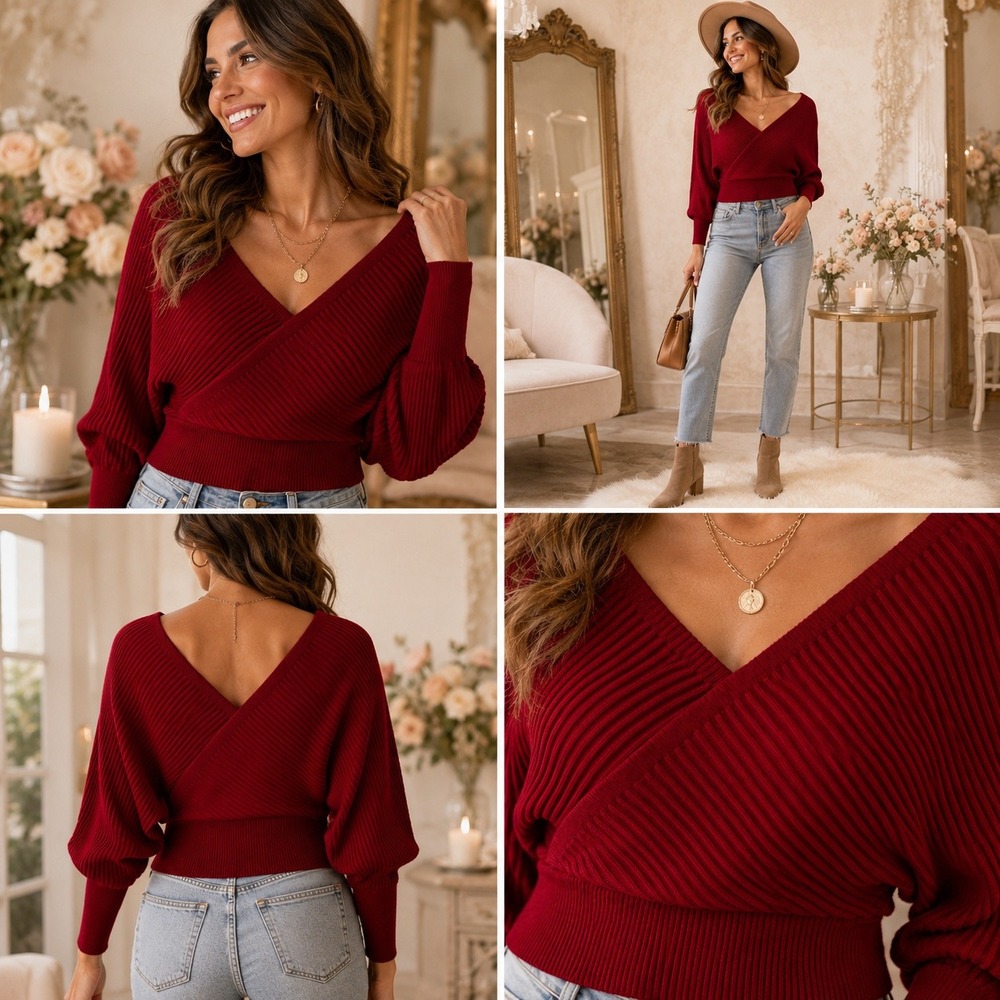 Burgundy Red Ribbed Wrap Sweater Dolman Sleeve V-Neck Cropped Knit Top Large